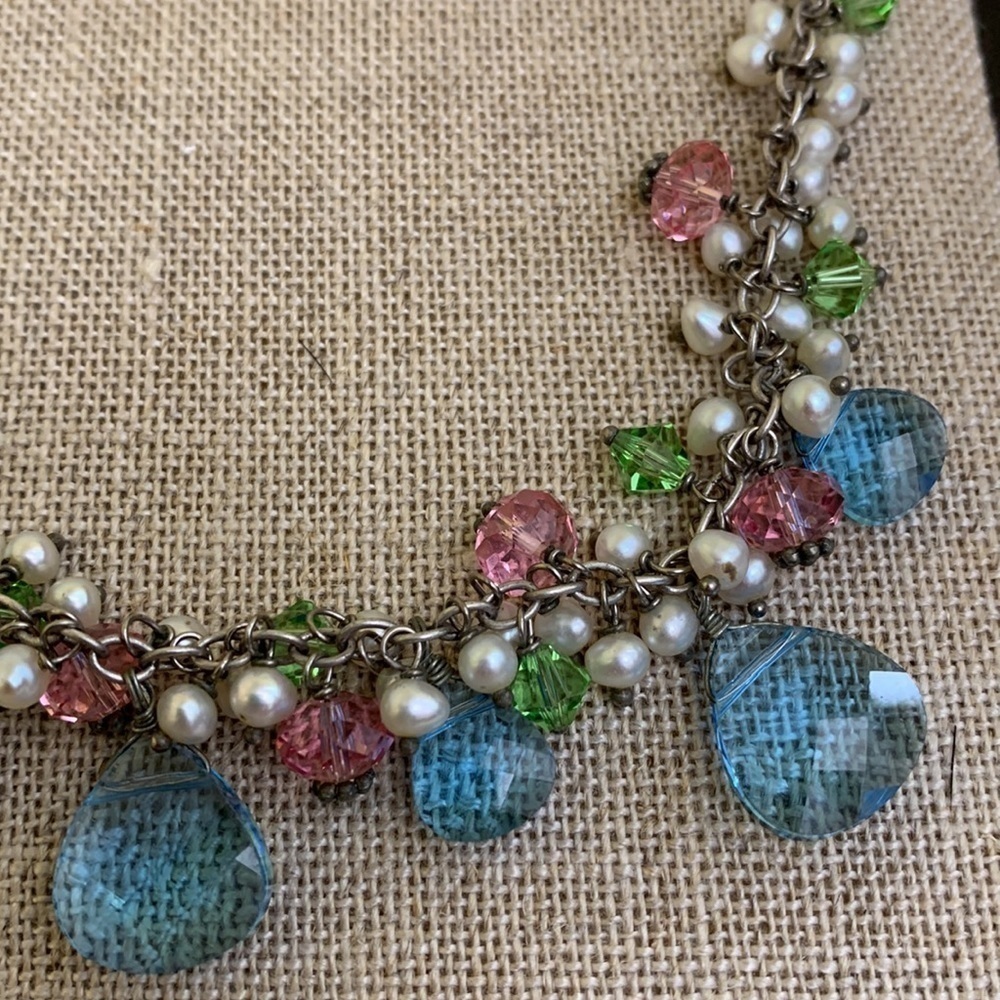 Silver Swarovski Faceted Crystal Faux Pearl Beaded 925 Statement Necklace - Picture 13 of 16
